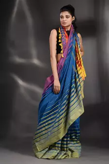 Blue Pure Cotton handwoven saree with stripe Border