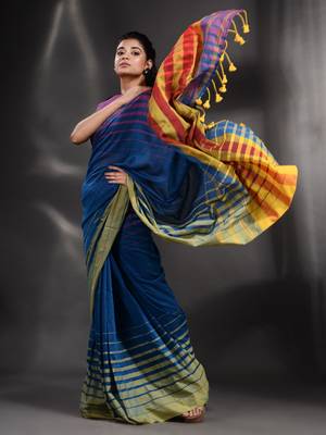 Blue Pure Cotton handwoven saree with stripe Border 5