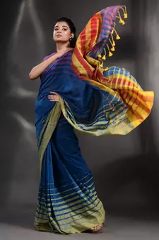 Blue Pure Cotton handwoven saree with stripe Border