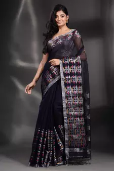 Black Blended Cotton handwoven saree with nakshi border