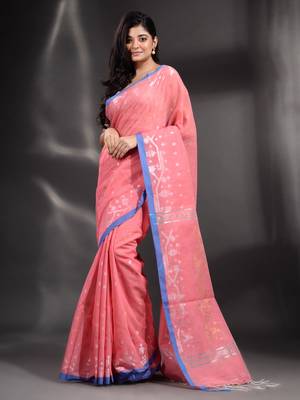 Pink Pure Cotton handwoven saree with geometric border 1