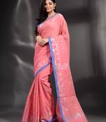 Pink Pure Cotton handwoven saree with geometric border