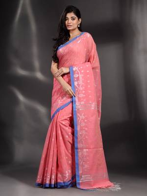 Pink Pure Cotton handwoven saree with geometric border 2
