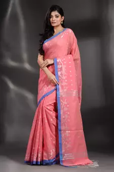 Pink Pure Cotton handwoven saree with geometric border