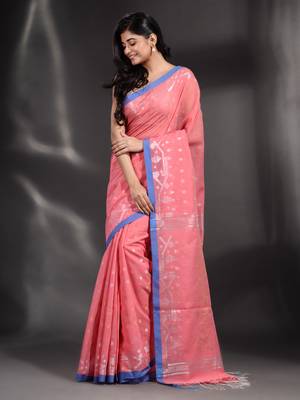 Pink Pure Cotton handwoven saree with geometric border 3