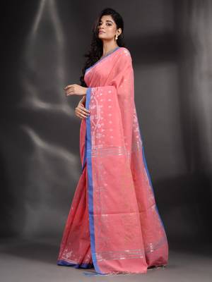 Pink Pure Cotton handwoven saree with geometric border 4