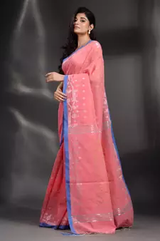 Pink Pure Cotton handwoven saree with geometric border