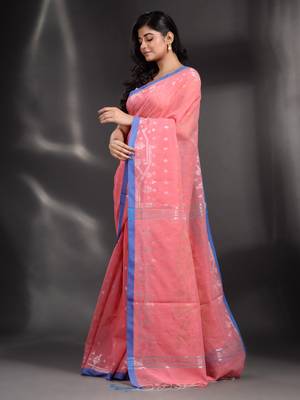 Pink Pure Cotton handwoven saree with geometric border 5