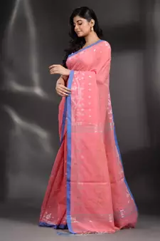 Pink Pure Cotton handwoven saree with geometric border