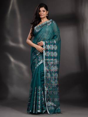 Teal Blended Cotton handwoven saree with nakshi border 1
