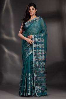 Teal Blended Cotton handwoven saree with nakshi border