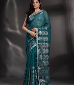 Teal Blended Cotton handwoven saree with nakshi border