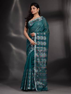 Teal Blended Cotton handwoven saree with nakshi border 2