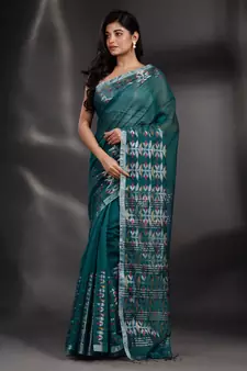 Teal Blended Cotton handwoven saree with nakshi border