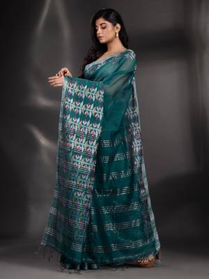 Teal Blended Cotton handwoven saree with nakshi border 3
