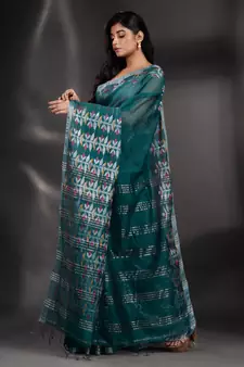 Teal Blended Cotton handwoven saree with nakshi border