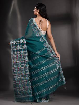 Teal Blended Cotton handwoven saree with nakshi border 4