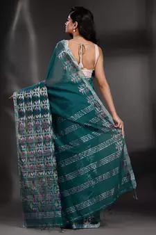 Teal Blended Cotton handwoven saree with nakshi border