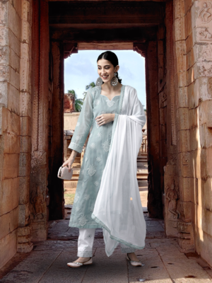 Ada Hand Embroidered Grey Cotton Lucknowi Chikankari Women Unstitched Suit Piece - A211206 1