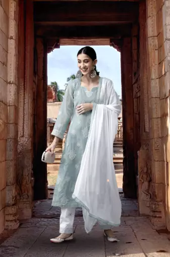 Ada Hand Embroidered Grey Cotton Lucknowi Chikankari Women Unstitched Suit Piece - A211206