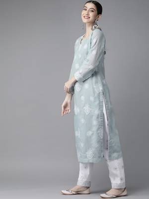 Ada Hand Embroidered Grey Cotton Lucknowi Chikankari Women Unstitched Suit Piece - A211206 3