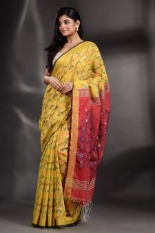Yellow Khadi handwoven saree with nakshi design