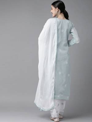 Ada Hand Embroidered Grey Cotton Lucknowi Chikankari Women Unstitched Suit Piece - A211206 4