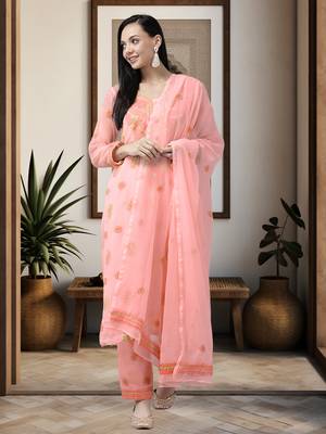 Hand Embroidered Peach Georgette Lucknowi Chikankari Women Unstitched Suit Piece 1