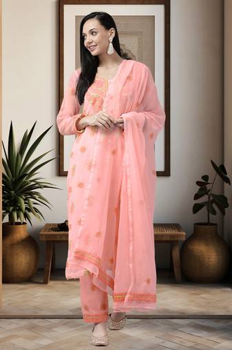 Hand Embroidered Peach Georgette Lucknowi Chikankari Women Unstitched Suit Piece