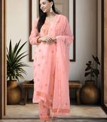 Hand Embroidered Peach Georgette Lucknowi Chikankari Women Unstitched Suit Piece