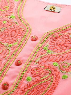 Hand Embroidered Peach Georgette Lucknowi Chikankari Women Unstitched Suit Piece 2