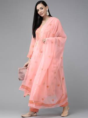 Hand Embroidered Peach Georgette Lucknowi Chikankari Women Unstitched Suit Piece 3