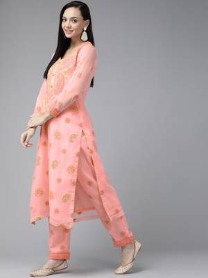 Hand Embroidered Peach Georgette Lucknowi Chikankari Women Unstitched Suit Piece 4