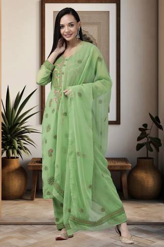 Ada Hand Embroidered Green Georgette Lucknowi Chikankari Women Unstitched Suit Piece - A211191