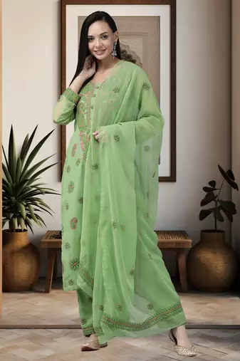 Ada Hand Embroidered Green Georgette Lucknowi Chikankari Women Unstitched Suit Piece - A211191