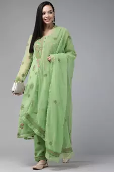 Ada Hand Embroidered Green Georgette Lucknowi Chikankari Women Unstitched Suit Piece - A211191