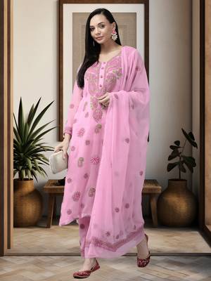 Ada Hand Embroidered Onion Pink Georgette Lucknowi Chikankari Women Unstitched Suit Piece - A211195 1