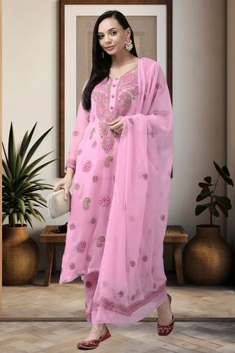 Ada Hand Embroidered Onion Pink Georgette Lucknowi Chikankari Women Unstitched Suit Piece - A211195