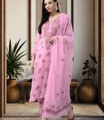 Ada Hand Embroidered Onion Pink Georgette Lucknowi Chikankari Women Unstitched Suit Piece - A211195