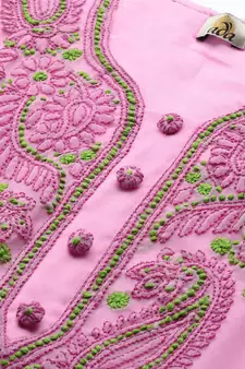 Ada Hand Embroidered Onion Pink Georgette Lucknowi Chikankari Women Unstitched Suit Piece - A211195