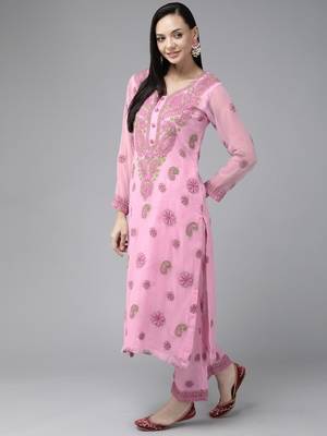 Ada Hand Embroidered Onion Pink Georgette Lucknowi Chikankari Women Unstitched Suit Piece - A211195 3