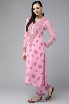 Ada Hand Embroidered Onion Pink Georgette Lucknowi Chikankari Women Unstitched Suit Piece - A211195