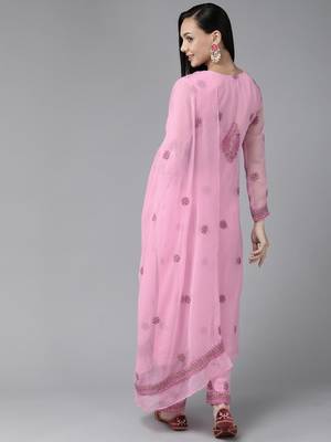 Ada Hand Embroidered Onion Pink Georgette Lucknowi Chikankari Women Unstitched Suit Piece - A211195 4