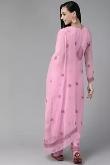 Ada Hand Embroidered Onion Pink Georgette Lucknowi Chikankari Women Unstitched Suit Piece - A211195