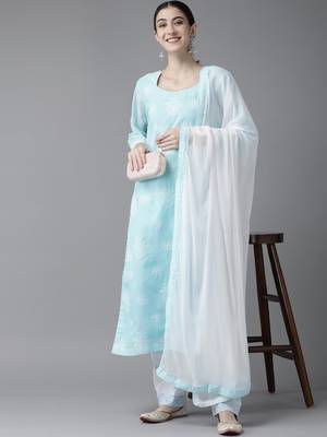 Ada Hand Embroidered Blue/White Cotton Lucknowi Chikankari Women Unstitched Suit Piece - A211208 1