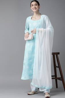 Ada Hand Embroidered Blue/White Cotton Lucknowi Chikankari Women Unstitched Suit Piece - A211208