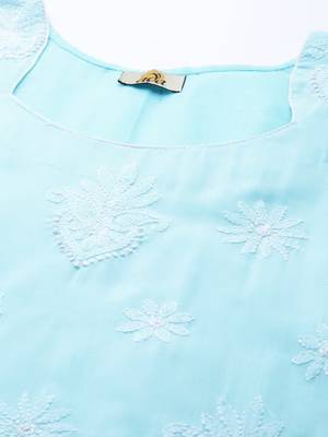 Ada Hand Embroidered Blue/White Cotton Lucknowi Chikankari Women Unstitched Suit Piece - A211208 2