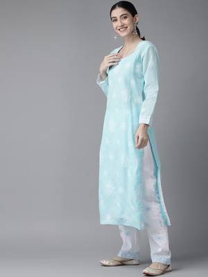 Ada Hand Embroidered Blue/White Cotton Lucknowi Chikankari Women Unstitched Suit Piece - A211208 3