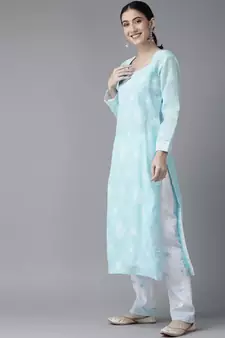 Ada Hand Embroidered Blue/White Cotton Lucknowi Chikankari Women Unstitched Suit Piece - A211208