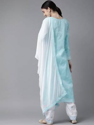 Ada Hand Embroidered Blue/White Cotton Lucknowi Chikankari Women Unstitched Suit Piece - A211208 4